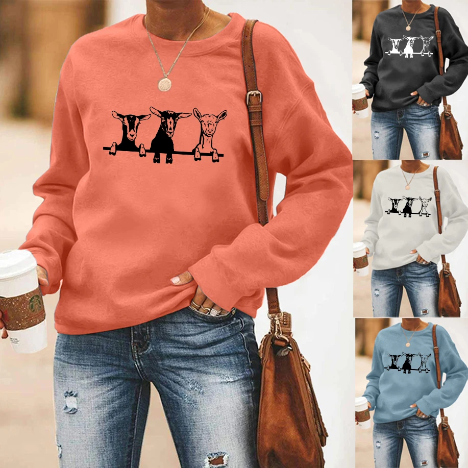 

Apricot Sweatshirt Women Crew Neck Animal Print Hoodies Fashion Leisure Vintage Loose Winter Long Sleeves Tops Couple Pullover