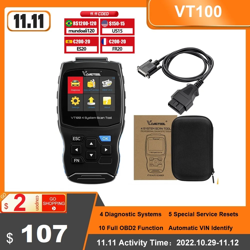 

2022 Newest Vdiagtool VT100 OBD2 Car Scanner Auto Diagnostic Tool Code Reader With 5 Special Service Resets Function Free Update