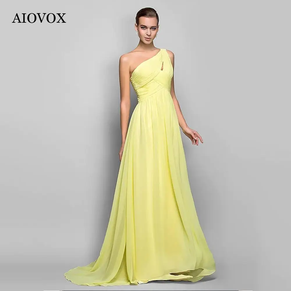 

AIOVOX Simple A-Line Yellow Prom Dress FRor Women 2023 One Shoulder Sleeveless Vestido De Gala Beach Sweep Train Robes De Soirée