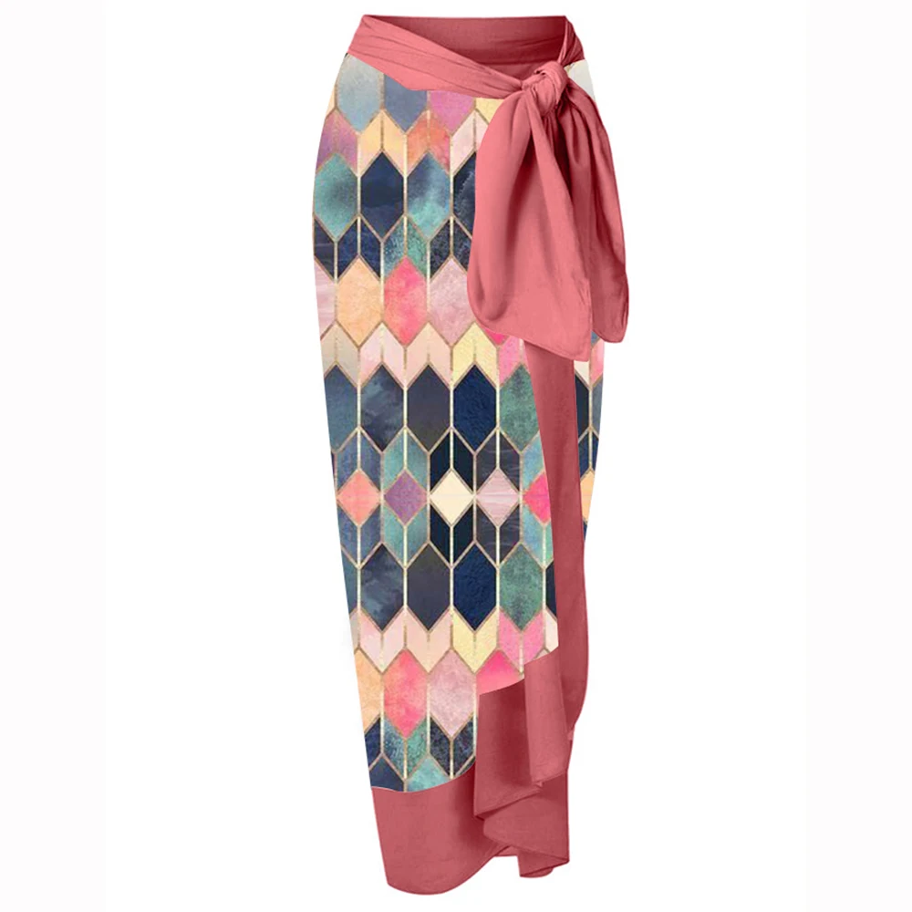 Fashion V-neck Colorblock Print One-piece Swimsuit and Skirt Panel Bikini Set Women Bathing Suit Retro Lace Up Swimwear Backless