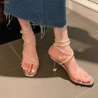 crystal winding stiletto heel sandals one word belt cross tied square toe shoes women summer casual sandals large size 40