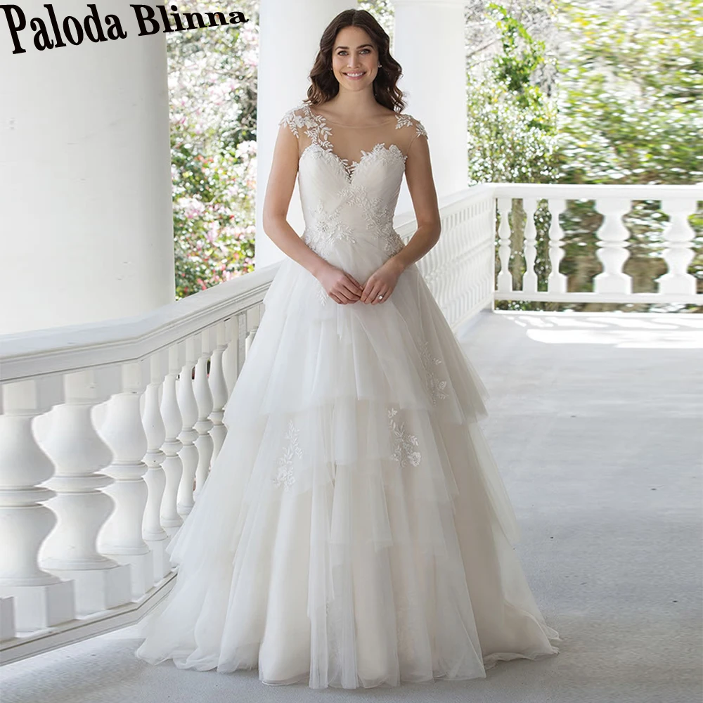 

Paloda Charming Illusion Scoop Wedding Dresses For Bride Button Layered Tulle Appliques Off The Shoulder A-LINE Pleat Sleeveless