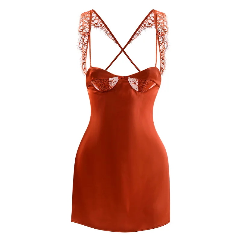 Sexy Women's Satin Sleepwear Beautyback Lace Nightdress Thin Homewear Nightwear Ice Silk Sleeveless Nightgown Night Dress M-XL