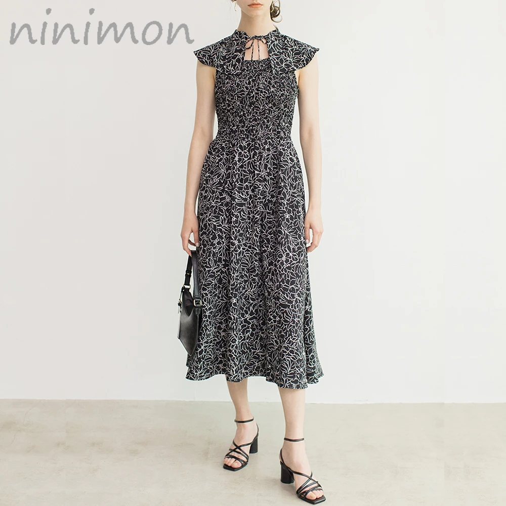 

NINIMON Flare Collar Dress Ladies Vintage Ruffles Stand Collar Lace-Up Dress Sleeveless Elasticity Printed Dress Kuzuwata