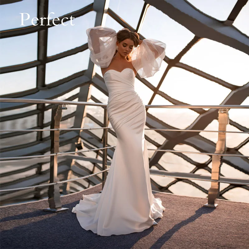 

PERFECT Elegant Removable Puff Sleeve Wedding Dress Mermaid Satin Strapless Zipper Up Back Pleated Court Train Robe De Mariee