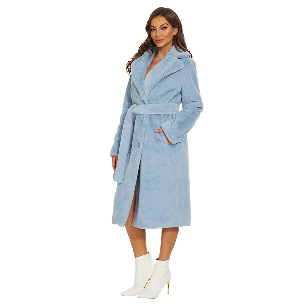 Amandina Luxe Double Breasted Faux Fur Winter Women Long Coat with Belt