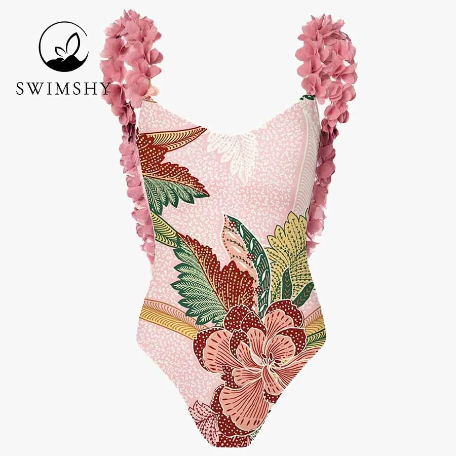 Petal Bikinis 2022 Fashion Floral Print Colorblock One-piece Swimsuit Push Up Summer Beachwear Women Chic Swimwear Slim Backless