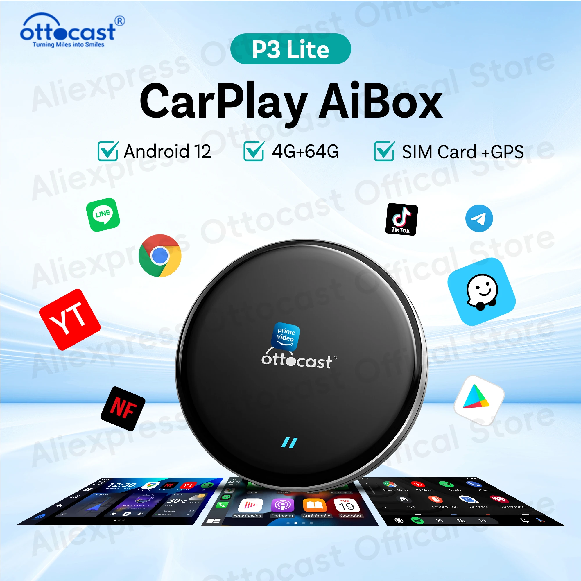 OTTOCAST Новый P3 Lite OttoAiBox Wireless CarPlay Android AI Box для Youtube TikTok Автомобильные аксессуары OEM