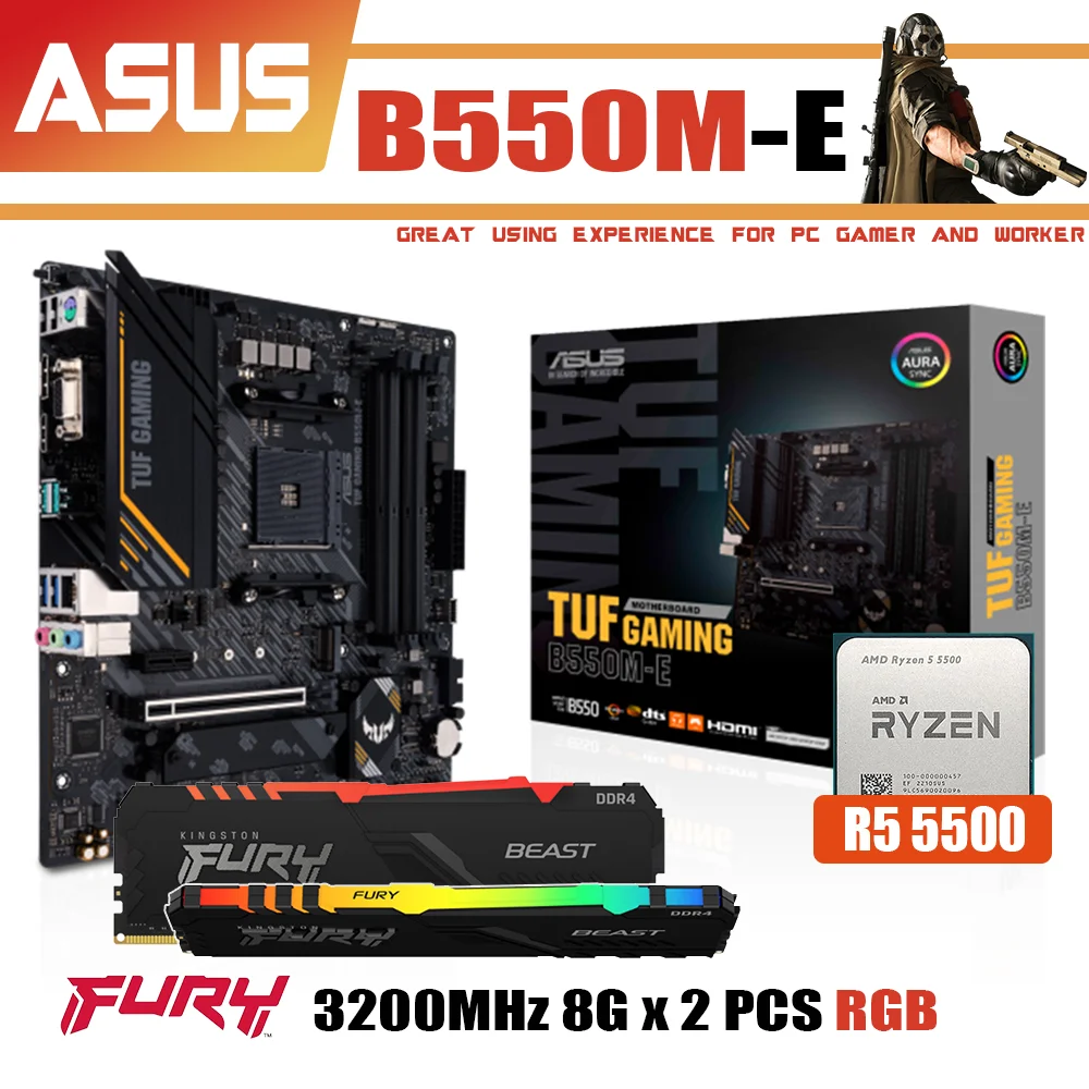 

Kit NEW ASUS TUF GAMING B550M-E AM4 Motherboard With AMD Ryzen 5 5500 Processor Fury RAM DDR4 3200MHz 8G x2 RGB Memory