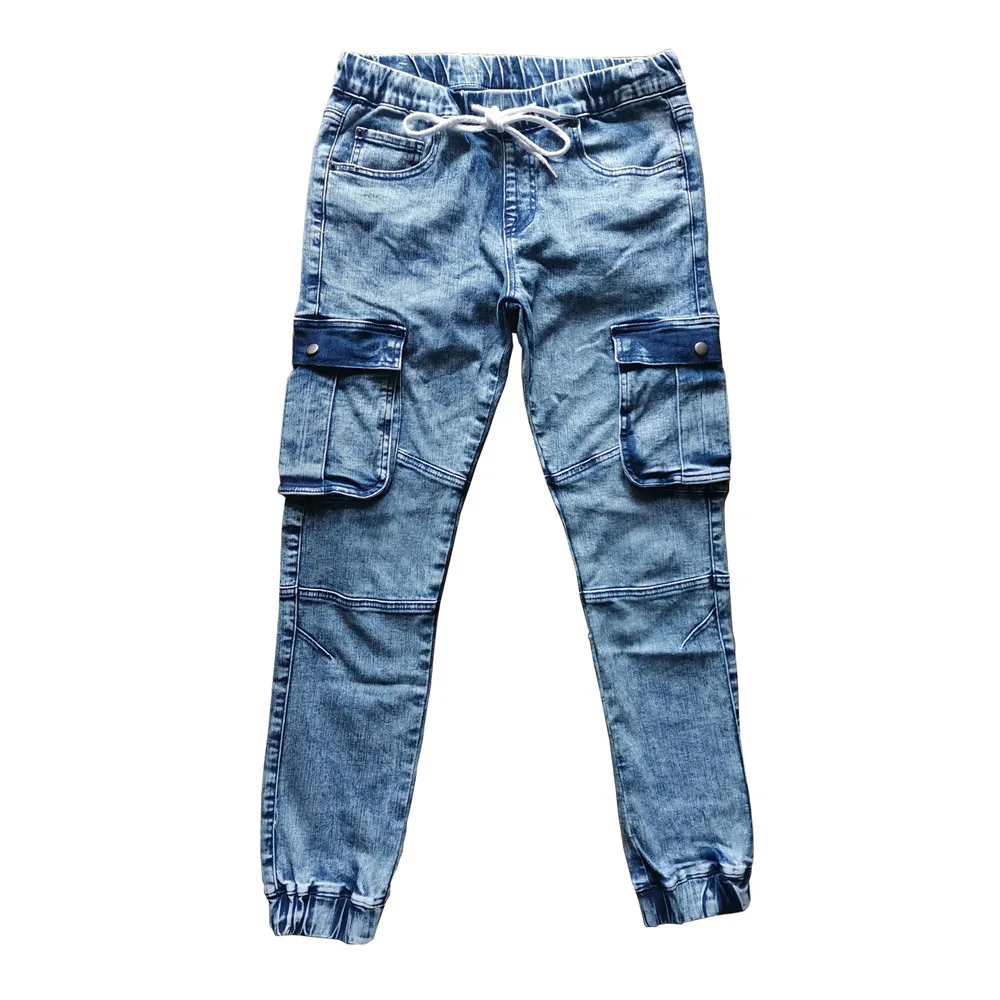 Retro Multi-Pocket Cargo Slim Fit Cotton Elastic Joggers Fashion High Street Lace Up Washed Old Men'S Pencil Jeans Size 29-36