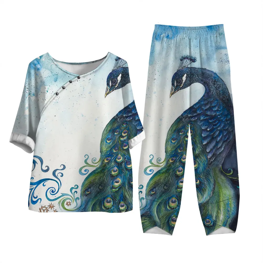 

Элегантные женские комплекты, Женский комплект с круглым вырезом и коротким рукавом, брюки с принтом павлина, комплект большого размера, спортивный костюм, комплект из двух предметов для женщин
