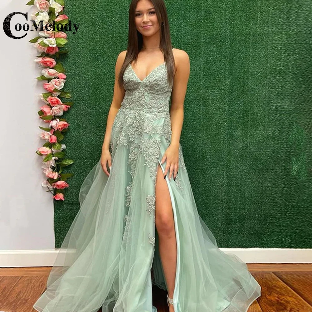 

Coomelody Graceful V-neck Spaghetti Strap Prom Dresses Appliques Side Slit Backless Sleeveless Lace-up A-line Vestido De Noche