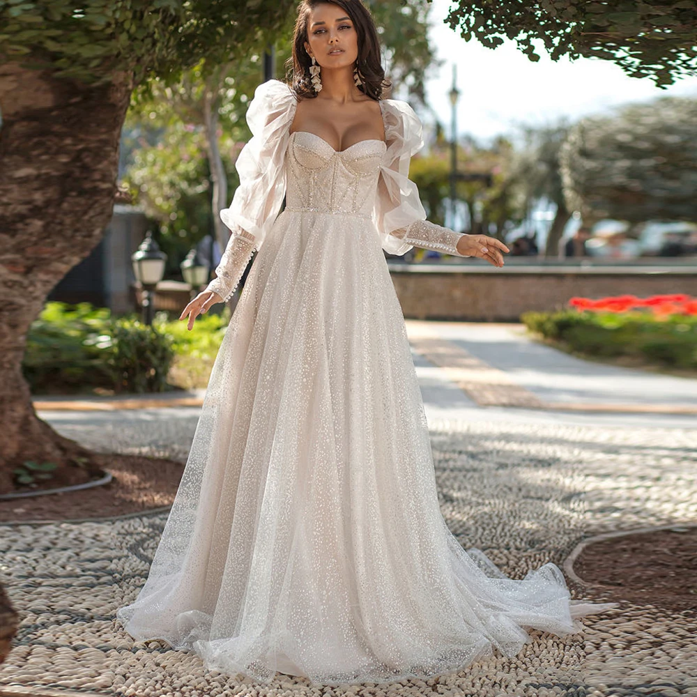 

A-Line Sweetheart Wedding Dresses Long Puff Sleeve Spotted Exquisite Court Train Tulle Bridal Gown vestido de novia 2023