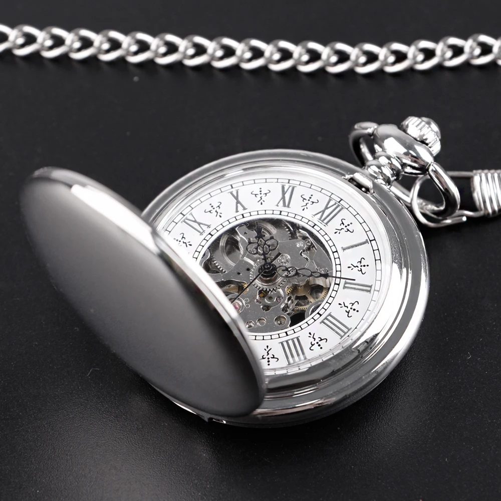 2 Sides Open Case Roman Numerals Pocket Watch Mechanical Luxury Silver Hand-winding Mens Vintage Fob Watches Necklace