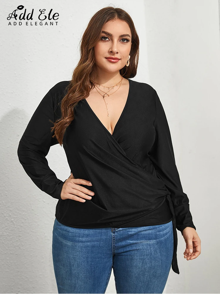 Add Elegant Plus Size 2022 Autumn Women's Long Sleeve T shirt Solid Casual V Neck Side Tie Female Clothing Office Lady Tops B158