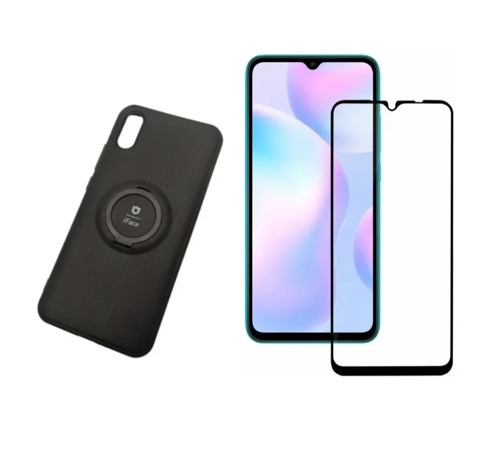 Выгодный набор 2 в 1 для Xiaomi Redmi 9A: чехол из силикона с подставкой и магнитом в черном цвете + защитное стекло для экрана телефона с полным покрытием.