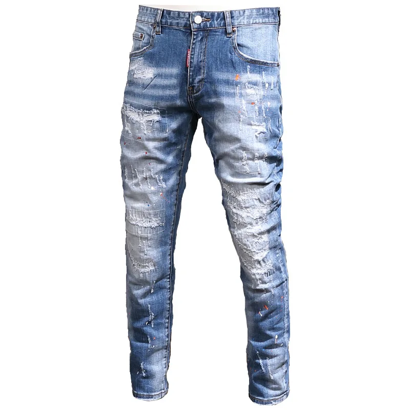 2022 Autumn / Winter Light Blue Ripped Patch Trendy Old Jeans Men'S Slim Straight Beggar Splashed Ink Trendy Brand Jeans For Men