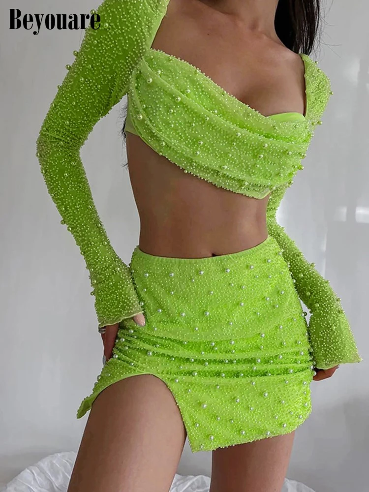 

Beyouare Spring Autumn Women Two Piece Set Cropped Top And Mini Skirt Matching Pearl Diamonds Suit Party Elegant Female Outfits