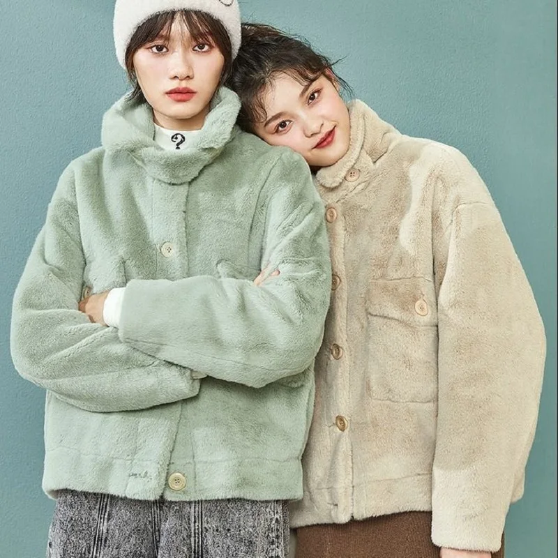 2022 Autumn Winter Furry Faux Fur Coat  Short Women Turn Down Collar Single Breasted Loose Ladies Faux Rex Rabbit Fur Coat