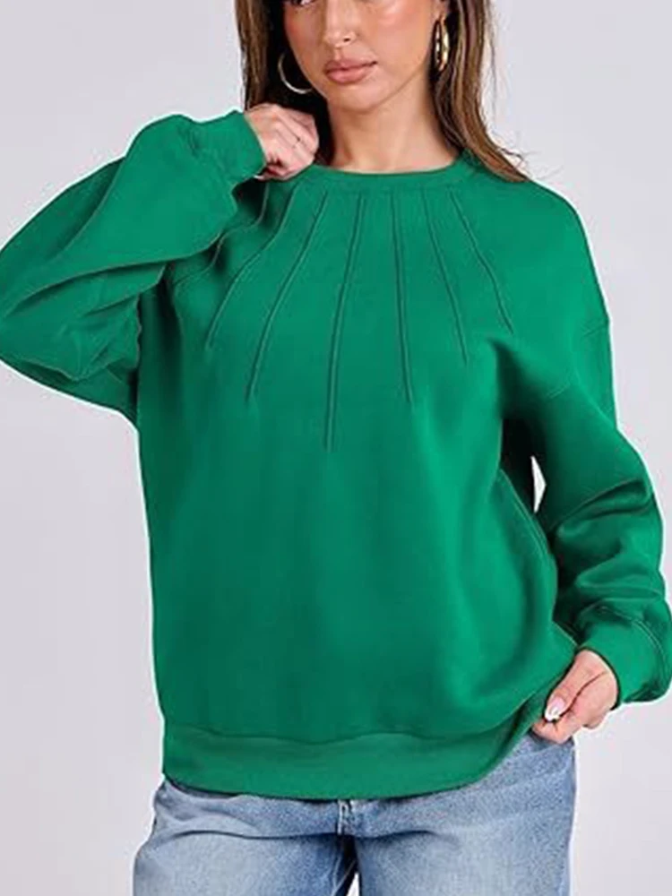 Блузка женская плиссированная однотонная с длинным рукавом и круглым вырезом