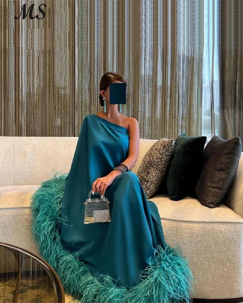 

MS Prom Dress A line Blue Satin Silk One Shoulder With Feathers Saudi Arabia Vestido De Festa Long Evening Dress For Women 2022