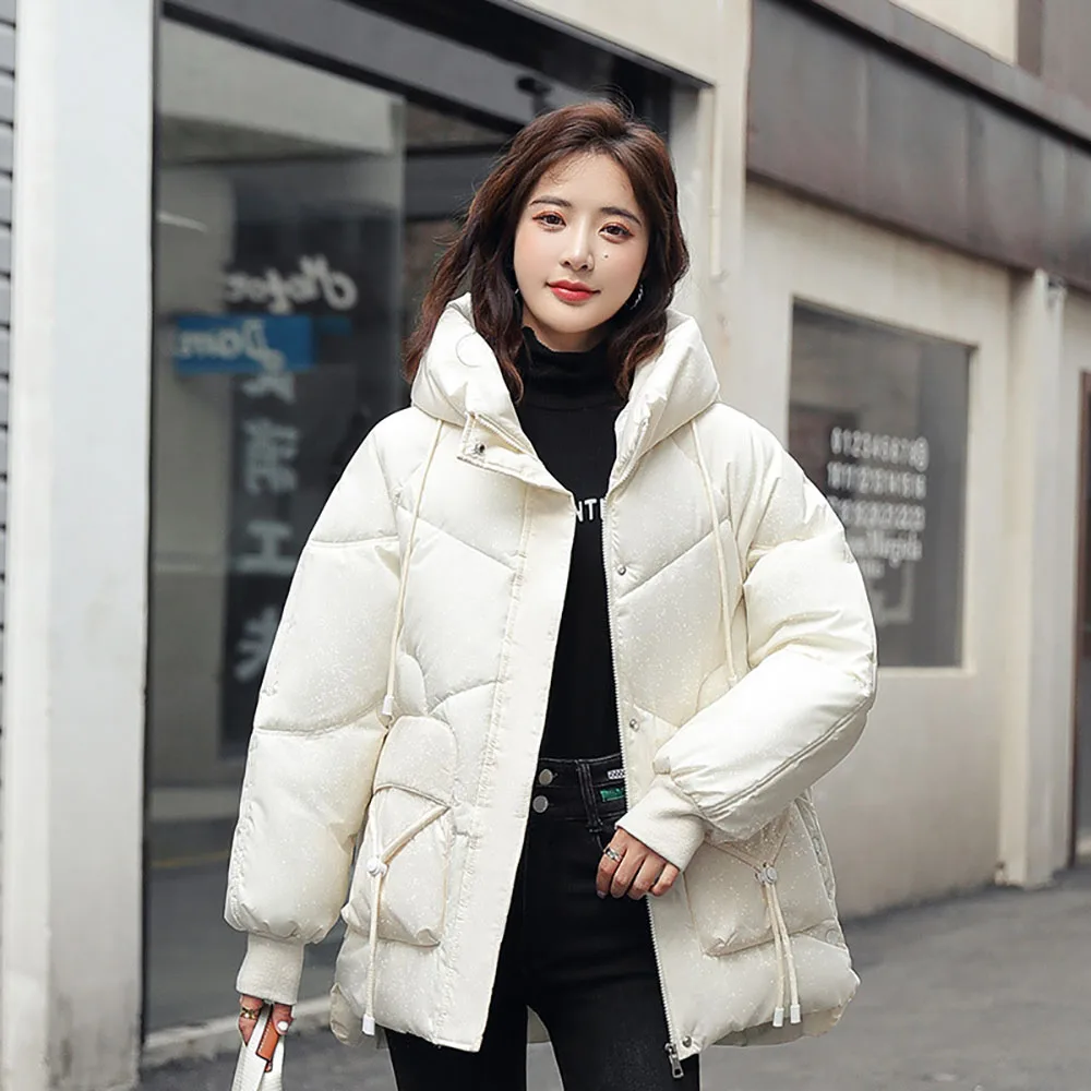 

Thicken Winter Down Jacket For Women Loose Warm Solid Color Hooded Cotton Coat Windproof Stand Collar Padded Jackets For Women
