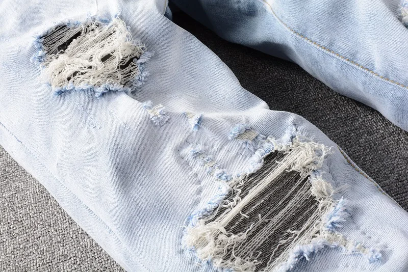 Harajuku Frayed Retro Korean Style Slimming Denim Trousers Mens High Street Ripped Distressed Casual Jeans Pants Light Blue
