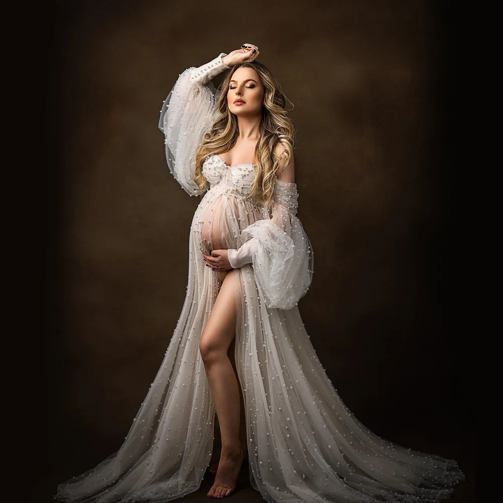 Maternity Photography Gown Pearl Tulle Women Long Sleeve Off Shoulder Dress Photo Shoot For Women Dress Free Shipping enlarge