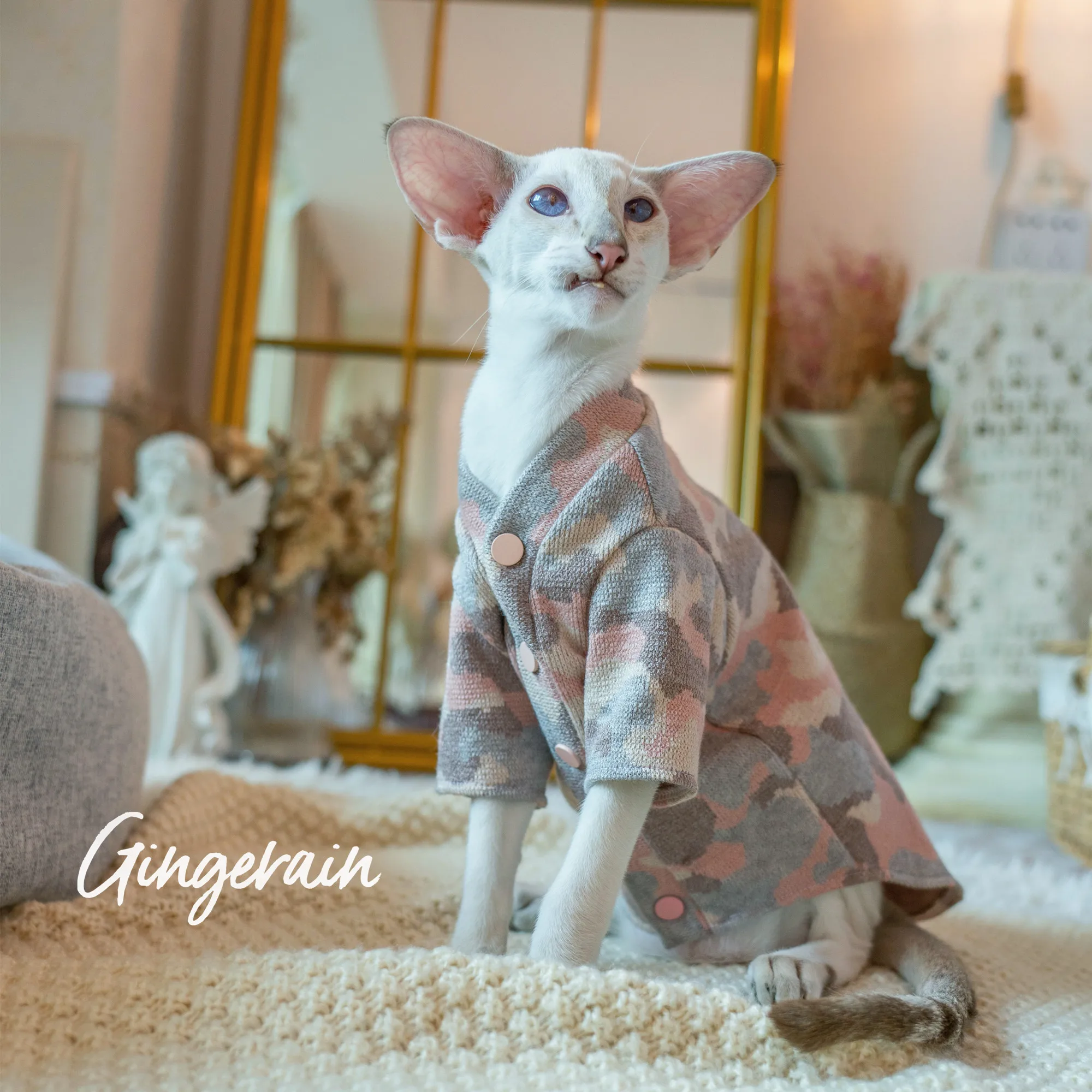 

Gingerain Sphynx Cat Clothes Hairless Cat Clothing Pink Camo Knit Button Down Jacket Comfortable and soft easy to wear