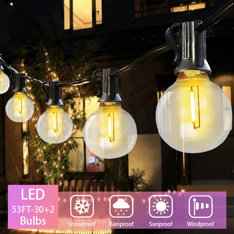 53FT Garden Light, 30 G40 Shatterproof LED Bulbs (2 Spare), Waterproof Hanging String Lights for Outdoor Backyard, Porch, Deck,