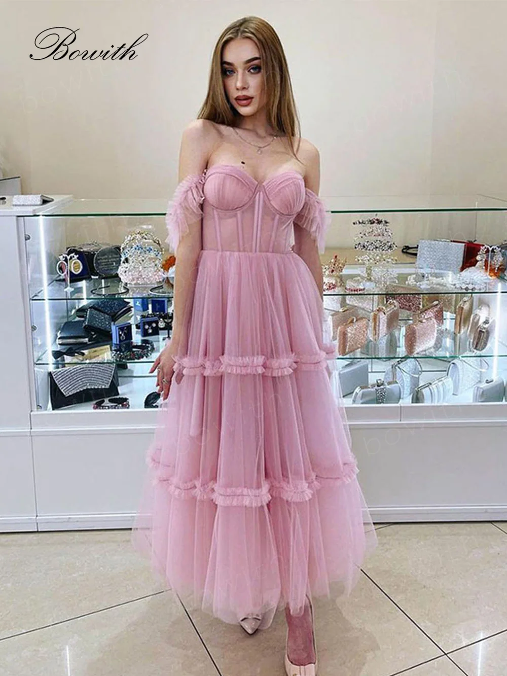 

Bowith Pink Prom Dress Off Shoulder Evening Dresses Long Elegant Party Dress Women Birthday Party Gowns vestidos de fiesta