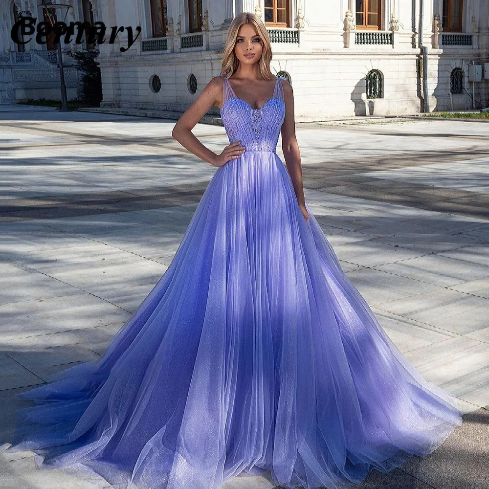 

Century Lavender Sparkling Tulle Maxi Prom Dresses Spaghetti Straps Appliqued A-Line Evening Party Gowns Open Back Formal Dress