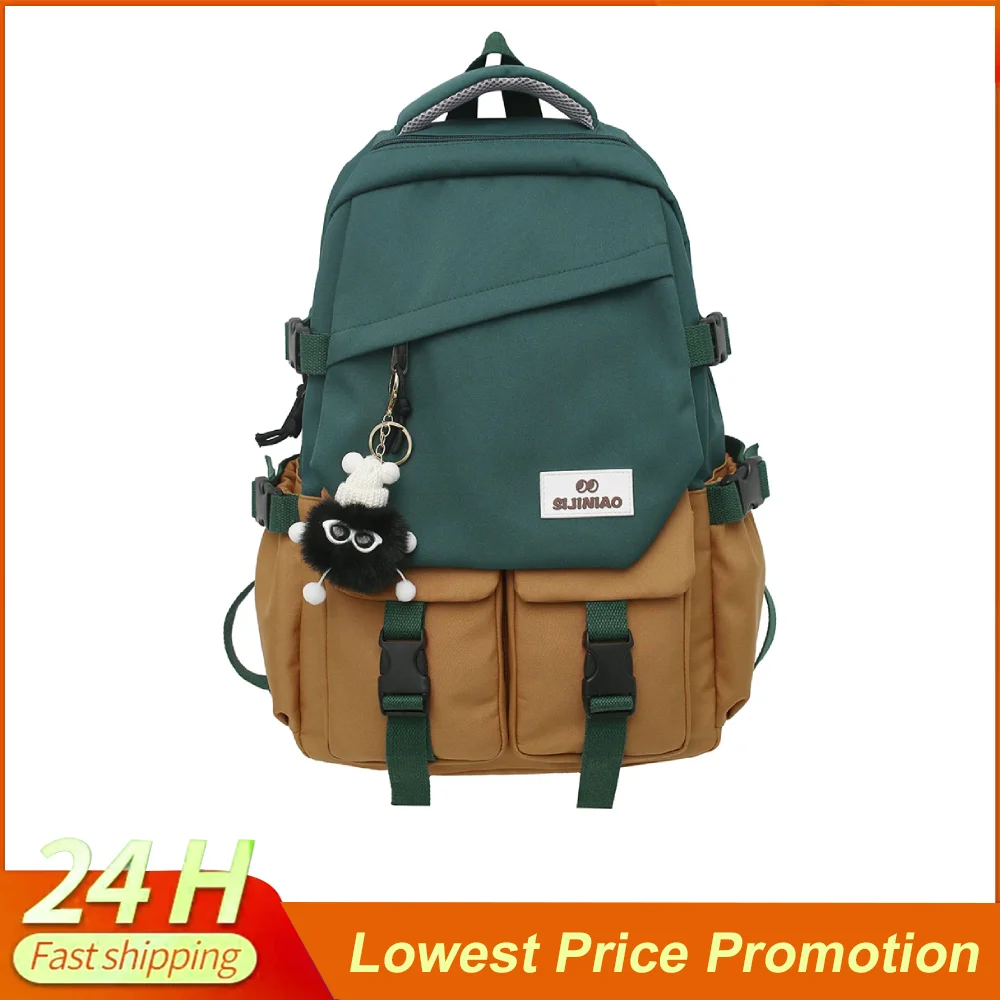 

Ladies Bookbag Nylon Women School Book Bags Contrast Color Large Capacity Fashion Simple Portable with Pendant Teenage Girls