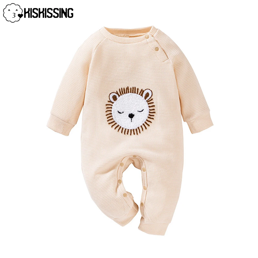 

KISKISSING Baby Clothes Newborn Boy Jumpsuits Cute Cartoon Lion Printed Waffle Long Sleeve Romper Toddler Infant Overalls 3-24M