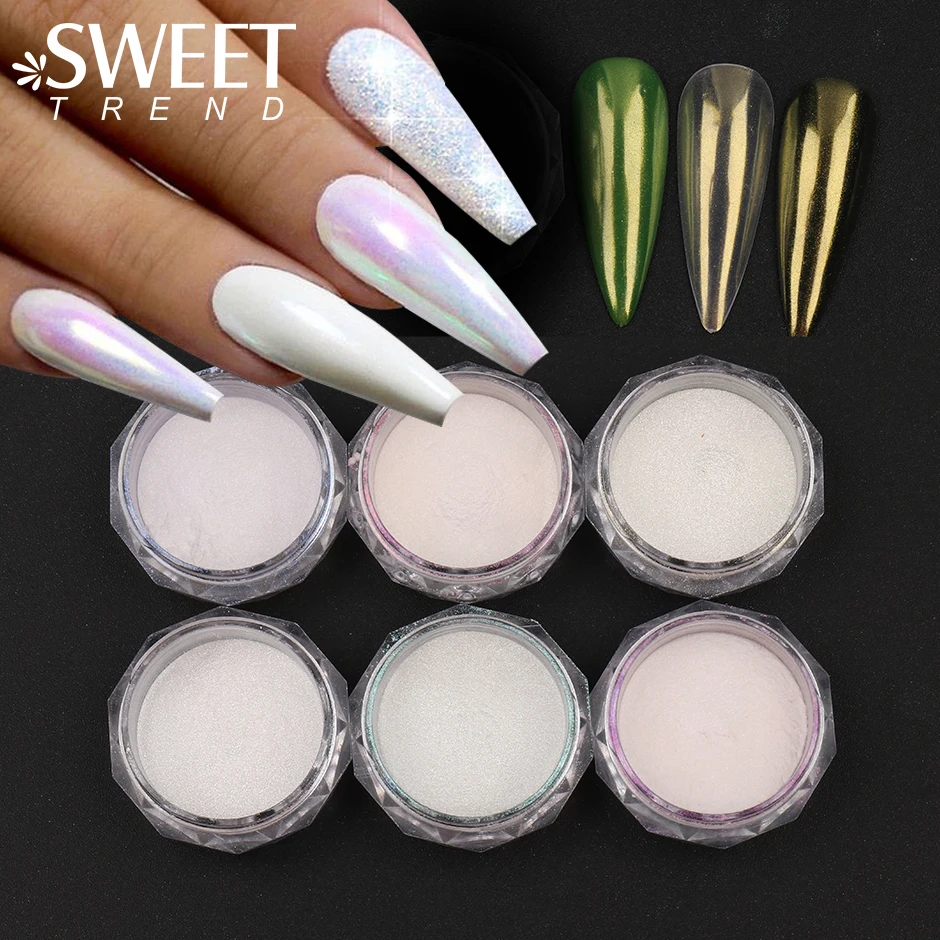 6pcs Mermaid Pearl Nail Powder White Purple Blue Holographic Rub on Nails Chrome Pigment Gel Polish Manicure Glitter Set SWE