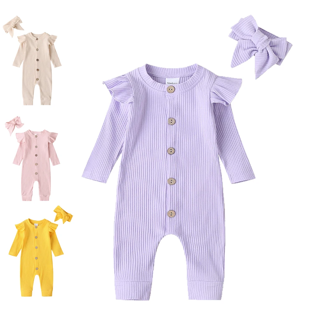 

Autumn Newborn Baby Boys Girls Romper with Hairband Playsuit Overalls Solid Color Knit Ribbed Cotton Baby Jumpsuit Clothes