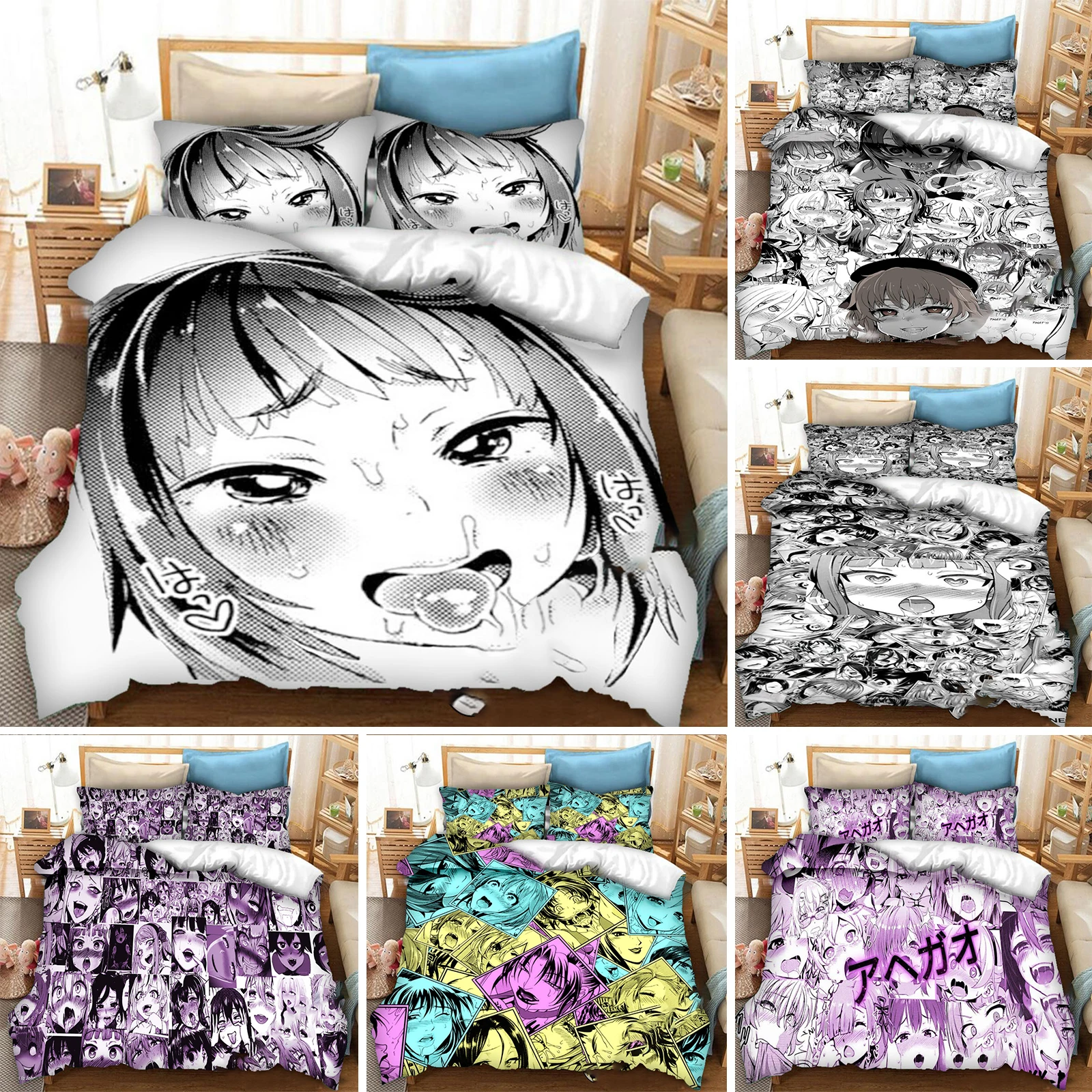 Anime Ahegao-Juego de cama Hentai para niños y adultos, funda de edredón con funda de almohada, 3 piezas