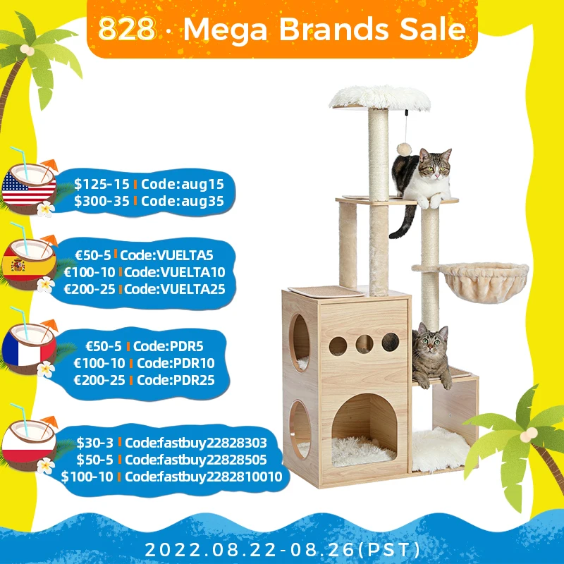 

126.5CM Modern Cat Tree Tower with Scratching Posts Hummock Luxury Padded Perches Multi-Layer Platform Wooden Cat Condos Indoors