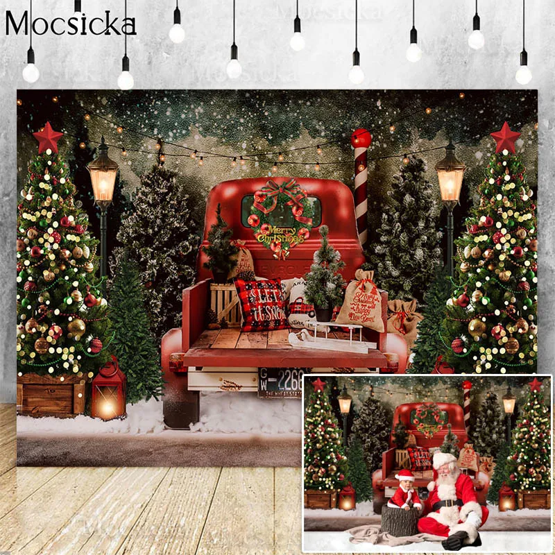 

Merry Christmas Photography Backdrop Red Truck Christmas Trees Winter Snow Scenery Kids Portrait Photo Background Photocall Prop
