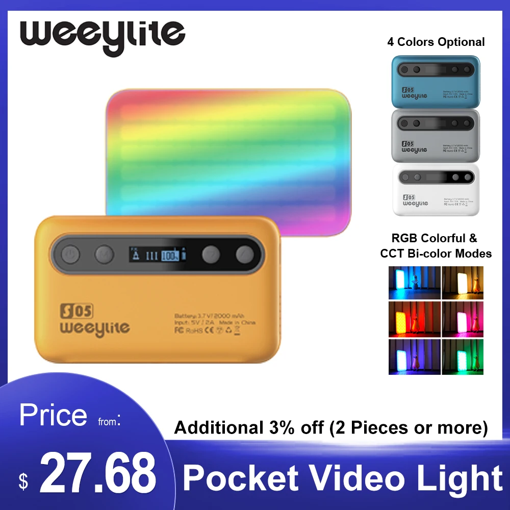 

Weeylite S05 Pocket RGB Video Light LED Fill Light 2800K-6800K Dimmable 26 Scene Lighting Effects APP Remote Control OLED Screen