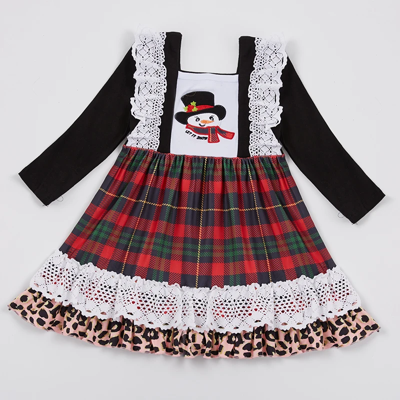 

Girlymax Winter Baby Girls Christmas Twirl Dress Snowman Leopard Knee Length Kids Clothing Ruffles Long Sleevel