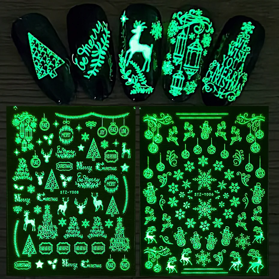 

Glow in the Dark Xmas Luminous 3D Stickers Winter Snowflake Holiday New Year Sliders on Nails Art Accessories Decals BESTZY01-18