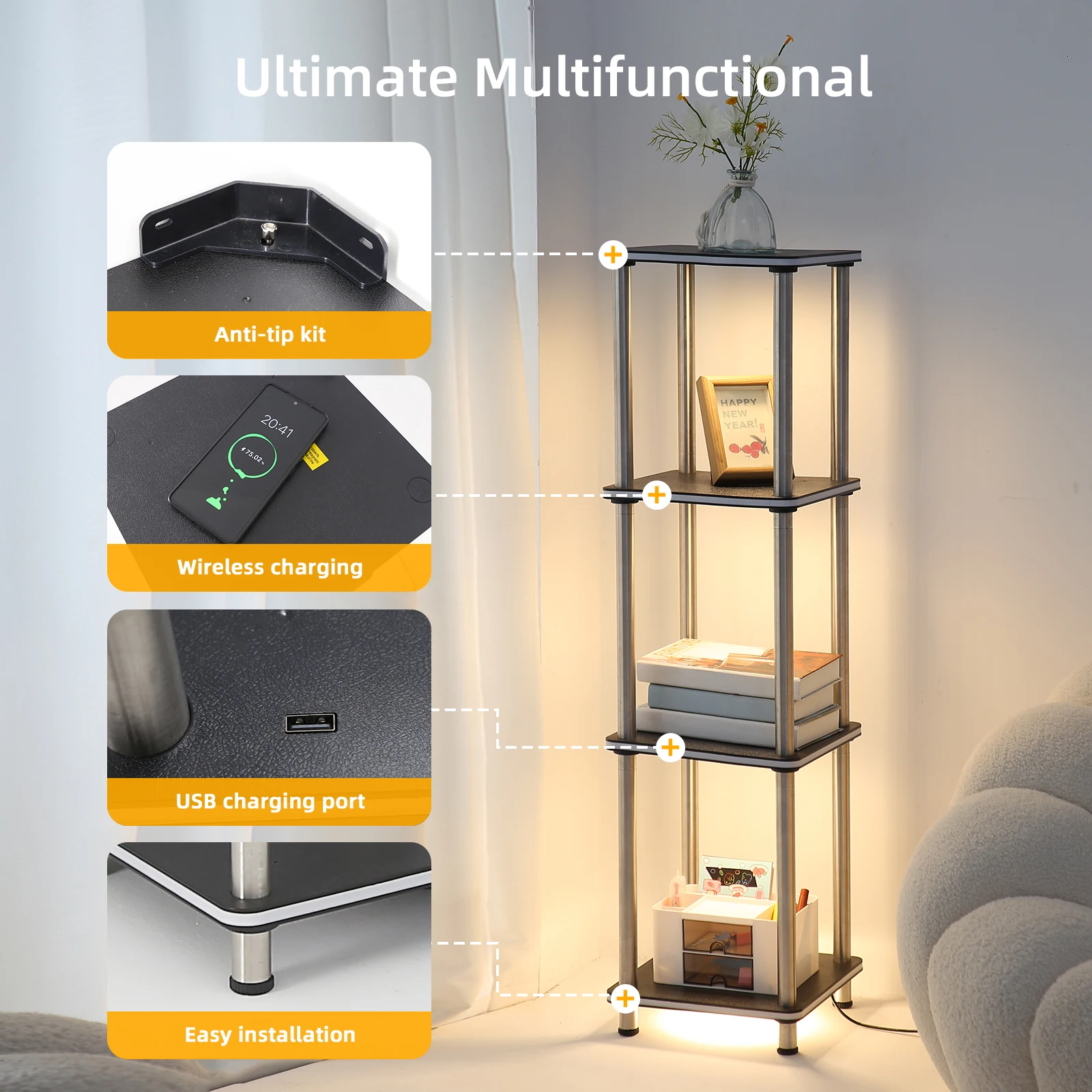 Торшер с полками синхронизацией музыки Регулируемая книжная полка изменением