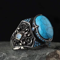 Firuze Stone Men's Silver Ring Blue Color Detailed 925 Sterling Men's Rings and Jewelry Sizes 15-33 Free Shipping