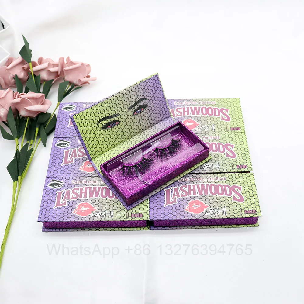 

Purple Yellow Lashwoods Eyelash Empty Box 8-25mm Mink Lashes Case Rectangular Eyelashes Packaging Box Free Clear Lash Tray