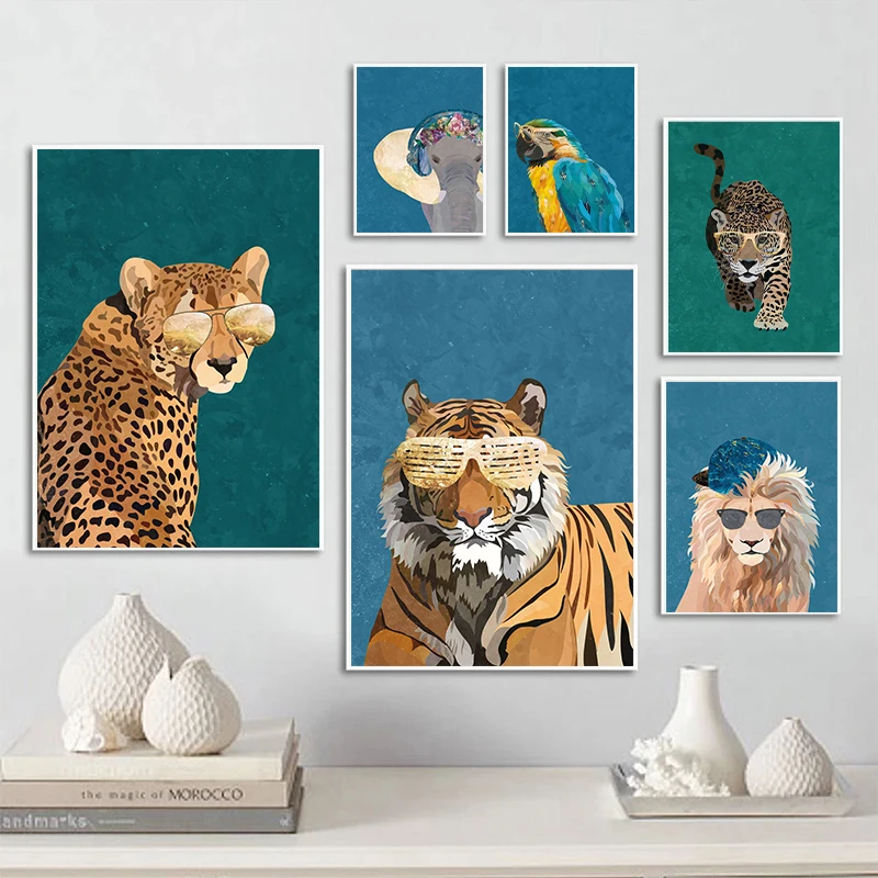 

Abstract Leopard Tiger Lion Wear Glasses Posters Canvas Painting Nordic Fashion Animal Wall Art For Living Room Home Decoration
