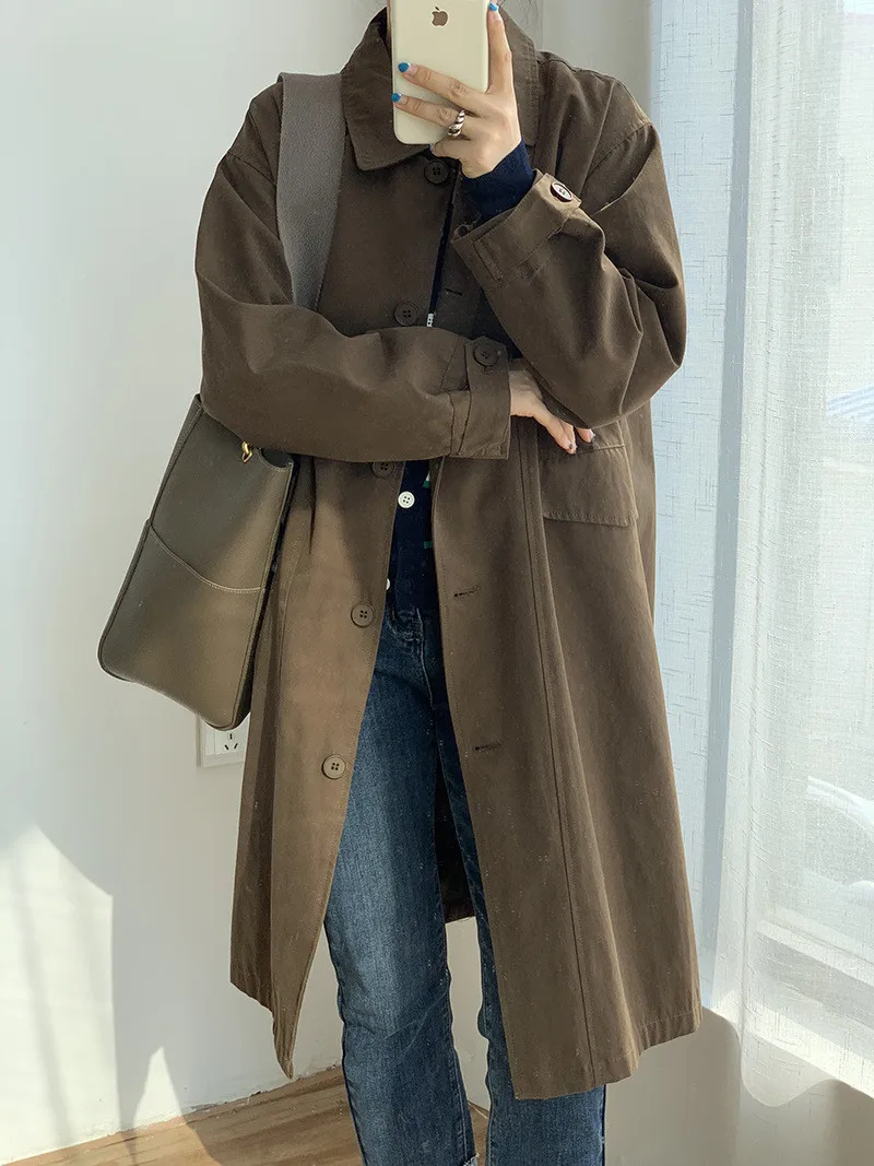 

Women Boyfriend Modern Trench Coat 2022 Korean Fashion Tall Relaxed Fit Casual Longline Trench Outerwear Single Breasted