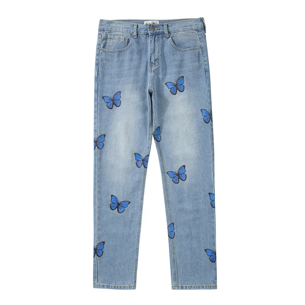 Vintage Butterfly Print Jeans for Men Loose Baggy Jeans Casual Denim Pants Streetwear Straight Fashion Long Trousers Clothing