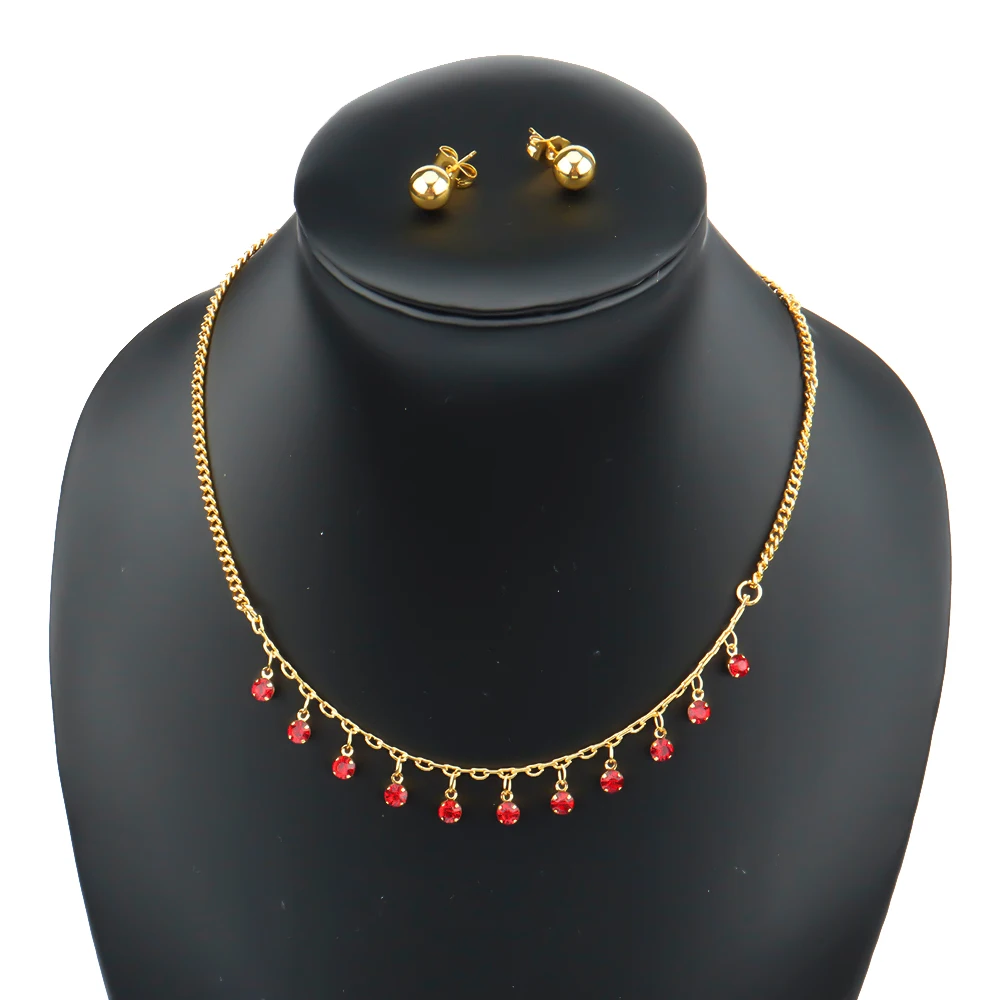 

Fashion Women Jewelry Set Red Stone Necklace and Earrings 2Pcs Set Bohemia Style Ladies Choker Necklace and Stud Earrings Gifts