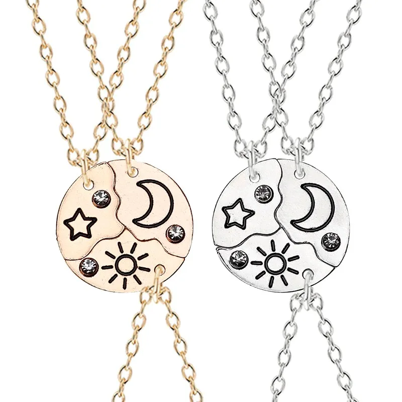 

3 Piece Set Sun Moon Star Diamond Pendant Necklace Best Friend Bff Friendship Necklace Fashion Jewelry Chain for Girls Women